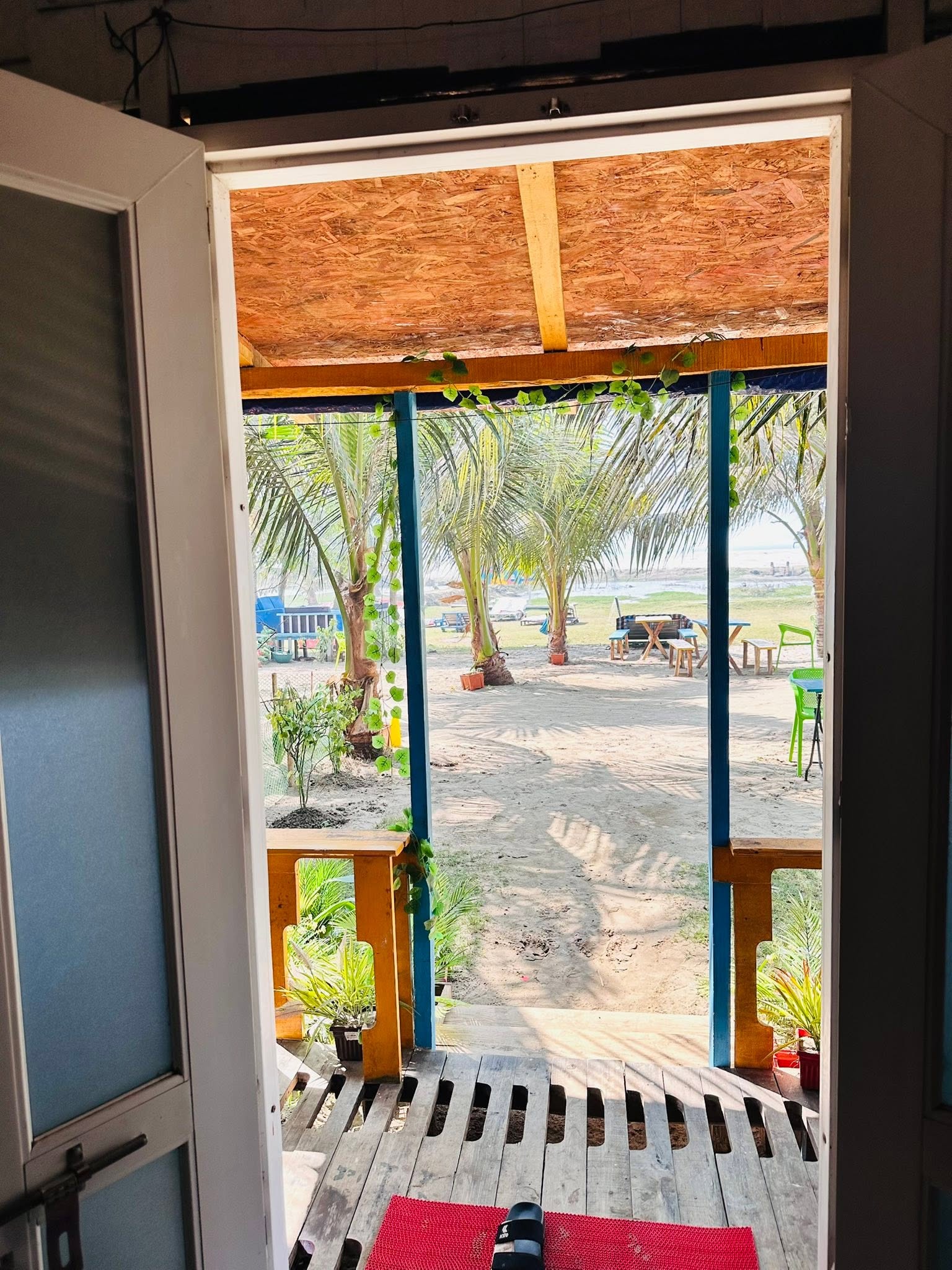 Looking out from Pod onto Beach and Garden